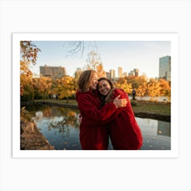 Best Friends Embracing In A Warm Hug Their Smiles Radiant Against The Backdrop Of A Bustling Urban (5) Art Print