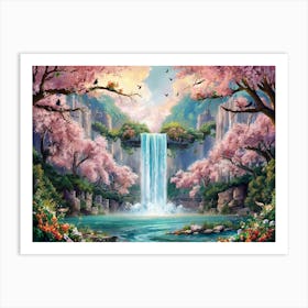 Majestic Waterfall Cherry Blossom Forest Painting #18 Art Print