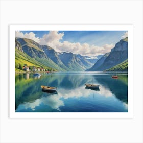 A Tranquil Lake Amidst Majestic Peaks Fjords Of Norway Art Print