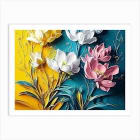 Modern Scene With A Spectacular Hyper Realistic Abstract Of Spring Flowers, Yellow, Blue, Teal Art Print