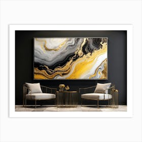 Abstract Art Featuring Liquid Marble Patterns Flowing Together In A Dance Of Grey Black Yellow G (1) Art Print