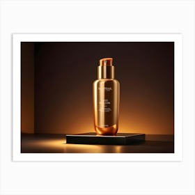 Photo Of A Golden Bottle Of Skincare Product On A Black Stand Art Print