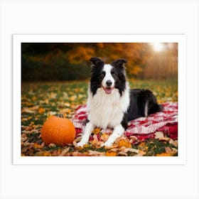 Autumnal Backdrop Transitioning Into Winter An American Border Collie Sits On A Bed Of Fallen Leave (1) Art Print