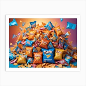 A Pile Of Doritos Chip Bags In Various Colors And Flavors, With Some Bags Flying In The Air Art Print