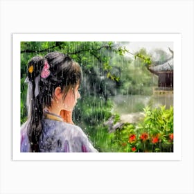 Chinese Girl In Rain Art Print