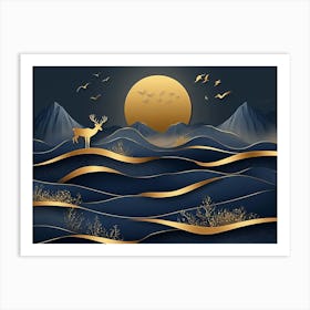 3d Modern Art With Dark Blue And Golden Wave Background Mountains, Golden Deer And Birds Art Print