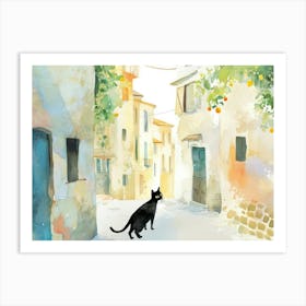 Black Cat In Taranto, Italy, Street Art Watercolour Painting 2 Art Print