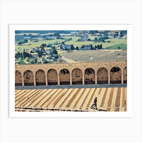 The Cloister and Countryside of Assisi. A serene view of the stone arches of Assisi's cloister, leading the eye to the verdant Umbrian countryside in the background. The combination of medieval architecture and rolling green hills evokes a sense of timeless beauty and tranquility. 1 Art Print