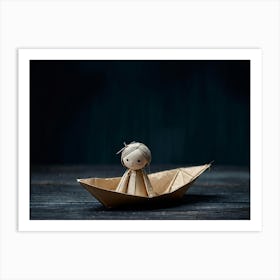 Doll With A Sad Expression Crafted From Delicate Paper Sitting Inside A Small Handmade Paper Boat Art Print