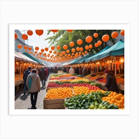 Lush Outdoor Market With Rows Of Fresh Produce And Colorful Lanterns Art Print