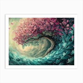 3d Tree with Pastel Green and Fuchsia Leaves and Feathers Art Print