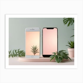 Photo Of Two Smartphones On A Pink Stand With Plants And A Green Background Art Print