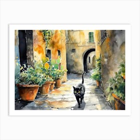 Black Cat In Livorno, Italy, Street Art Watercolour Painting 1 Art Print