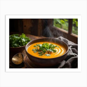 Autumn Pumpkin Curry Soup Steaming In An Earthenware Bowl Vibrant Orange Against Dark Green Lettuc (1) Art Print