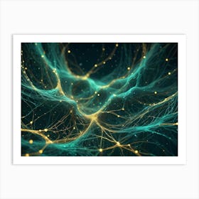 A Microscopic, Intricate Network Of Green And Gold Lines Resembling Nerves With Glowing Points Or Nodes On A Dark Background Art Print