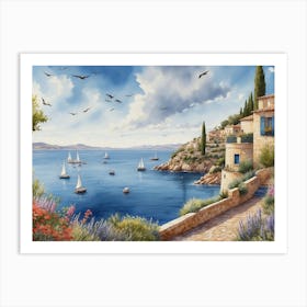 Mediterranean Coastal Village Seaside Scene Art Print