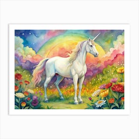 Watercolor Painting Of A Unicorn In A Field Of Flowers Under A Rainbow And Full Moon Art Print