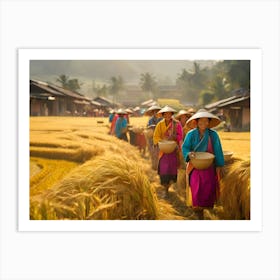 Asian Women In Rice Fields paintings art print Art Print