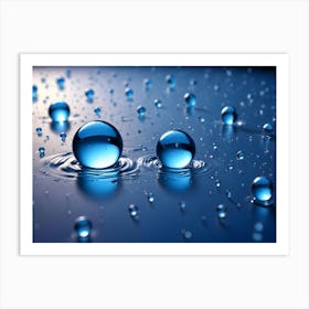 A Macro Shot Of Two Large Water Droplets On A Blue Surface With Smaller Droplets Scattered Around Art Print