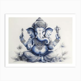 3d Pencil Sketch Drawing Of Indian God Ganesh Blue Tone In White Painting Art Print