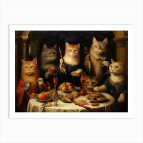 Medieval Cats At A Banquet Romanesque Oil Painting Inspired Art Print