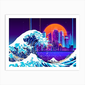 Synthwave Space: The Great Wave off Kanagawa & City [synthwave/vaporwave/cyberpunk] — aesthetic poster, retrowave poster, neon poster 1 Art Print