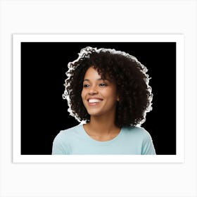 A Portrait Of A Smiling Young Woman With Curly Brown Hair, Isolated On A Black Background Art Print