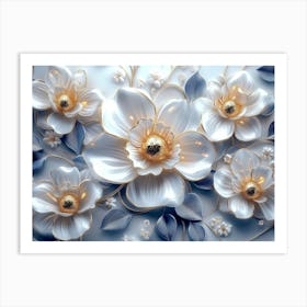 White Flowers On A Blue Background 2 Art Print