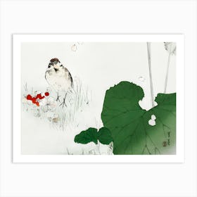 Bird On Lotus Flower Art Print