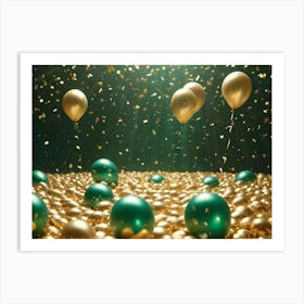 A Festive Scene With Gold And Green Balloons And Confetti Against A Dark Green Background Art Print