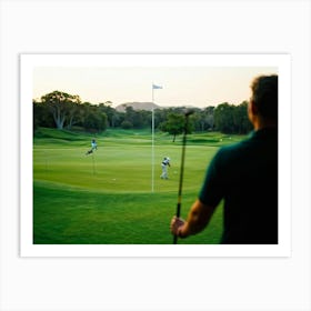 Evening Glow Softly Embracing A Serene Golf Course As A Golfer Swings A White Driver Amidst The Acti (3) Poster