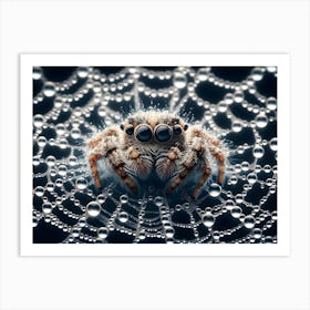 Cute Spider in Web covered with rain drops Art Print