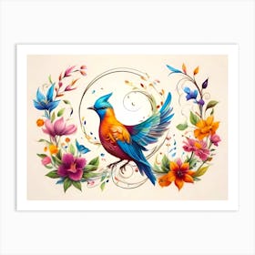 A Magnificent Bird With Abstract Flowers Decoration - Color Illustration On White Background Art Print