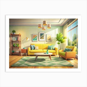 Modern Living Room With Yellow Furniture And Green Accents 1 Art Print