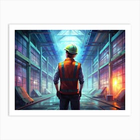 Worker Looking Out At A Large Industrial Facility Art Print