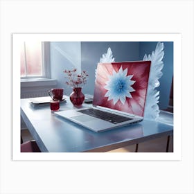 A Sleek Laptop With A Blue And Red Flower On The Screen, Resting On A White Table In A Modern Office Setting Art Print