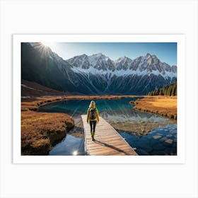 Woman trekking at snowy winter Alps, Rocky Mountains 3 Art Print