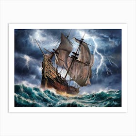 Galleon ship in stormy sea painting #1 Art Print