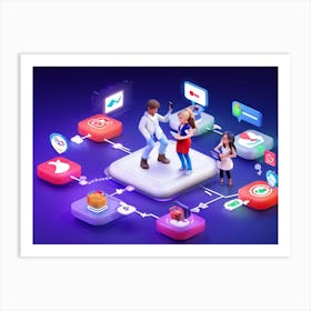 Animated Characters Engaging With A Variety Of Popular Apps Displayed On A Network Of Interconnected Art Print