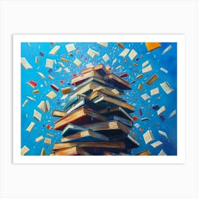 A Captivating Art Piece Featuring A Towering Stack Of Books With Flying Letters 2 Art Print