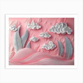 Pastel Pink 3d Expressionist Art With Silver Feathers Serene Clouds And Unique Hills Art Print