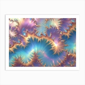 Abstract Fractal Art Piece Displaying Intricate, Swirling Patterns Resembling Floral Structures In Shades Of Blue, Pink, And Gold Against A Pastel Background Art Print