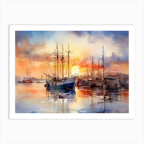 Sunset At The Harbor Art Print