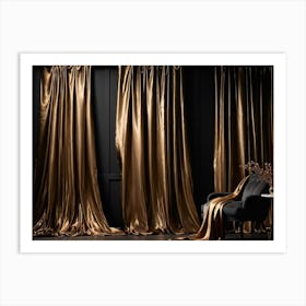 Curving Gold Drapery Cascades Down A Rich Brown Wall The Silken Material Emulating The Fluidity And (2) Art Print