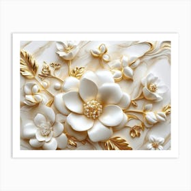 3d Floral Elegance Seamless Gold And White Ceramic Marble Texture 4 Art Print