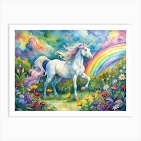 Watercolor Painting Of A Unicorn Running Through A Field Of Flowers Under A Rainbow Art Print