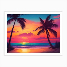 A Tranquil Beach At Sunset Horizontal Illustration Art Print