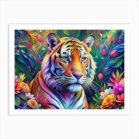 Vibrant Colorful Tiger In A Floral Paradise Art Print