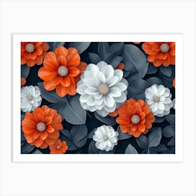 3d Colorful Flowers With Leaves Seamless Pattern, Orange And White Dahlia Flowers Art Print