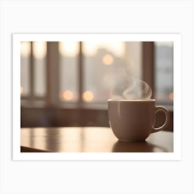 A White Mug With Steam Rising From It, Sitting On A Wooden Table In Front Of A Window With A Blurred View Of A Cityscape At Sunset Art Print